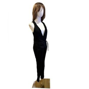 Free People Black Sleeveless Deep V Wrap Jumpsuit with Waist Tie